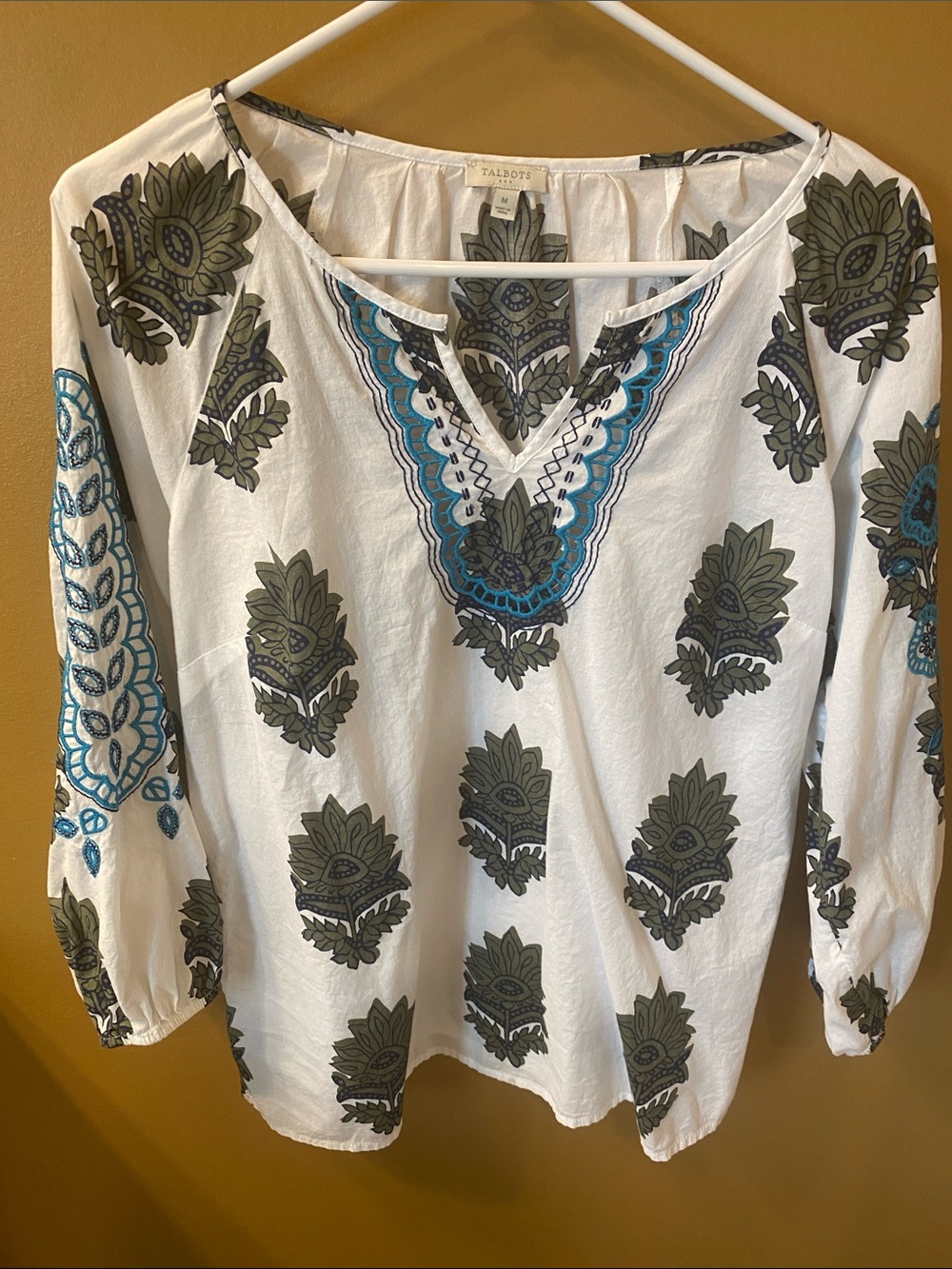 Talbots White Peasant Blouse with Olive and Teal Embroidery